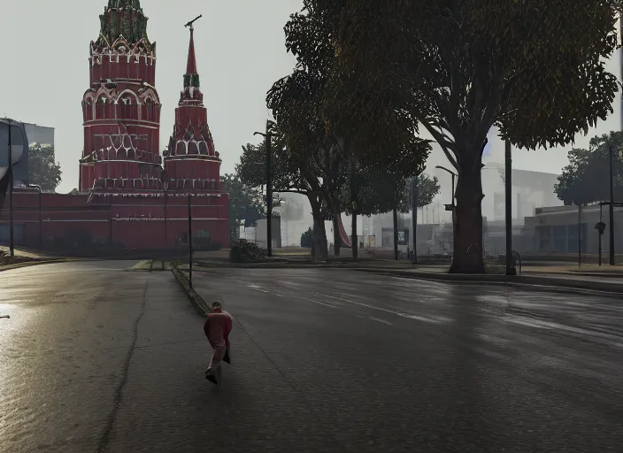 Prompt: cinematic screenshot gta 5, rain, lenin in adidas tracksuit, churches, buildings, road, moskvich, rtx reflections, gta vi, moscow, soviet apartment buildings, award winning, artstation, intricate details, realistic, hyperdetailed, 8 k resolution