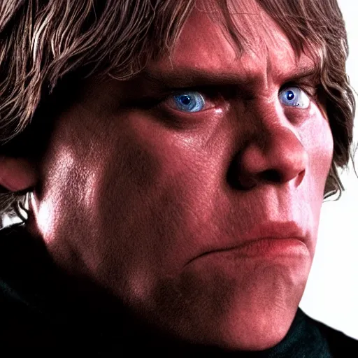 Prompt: A film still of Luke skywalker as a sith lord realistic,detailed,photorealistic,close up