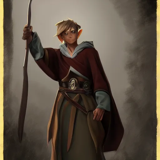 Image similar to An adolescent male half-elf wizard, focus on face, tall, slim, short brown hair, smiling, wizard robes, staff, sharp focus, highly detailed, photograph, still, cinematic, dynamic lighting, trending on artstation, digital painting, in the style of Chris Ostrowski