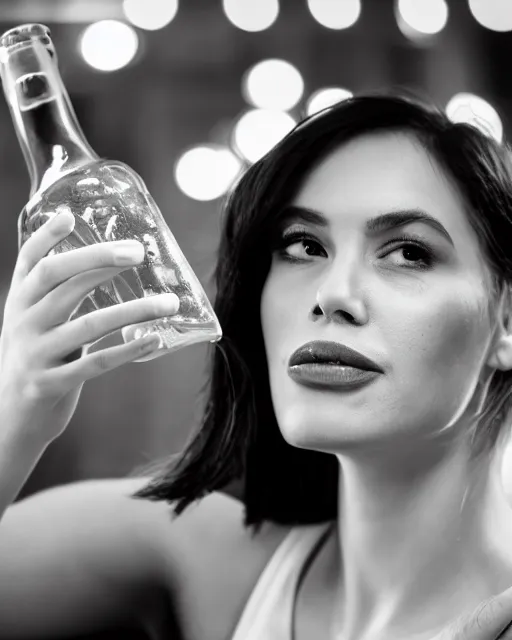 Prompt: A studio portrait of a woman drinking vodka from a bottle, highly detailed, bokeh, 90mm, f/1.4