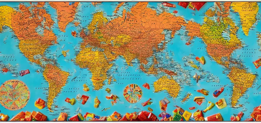 Image similar to an accurate world map made of candy, in the style of a treasure map