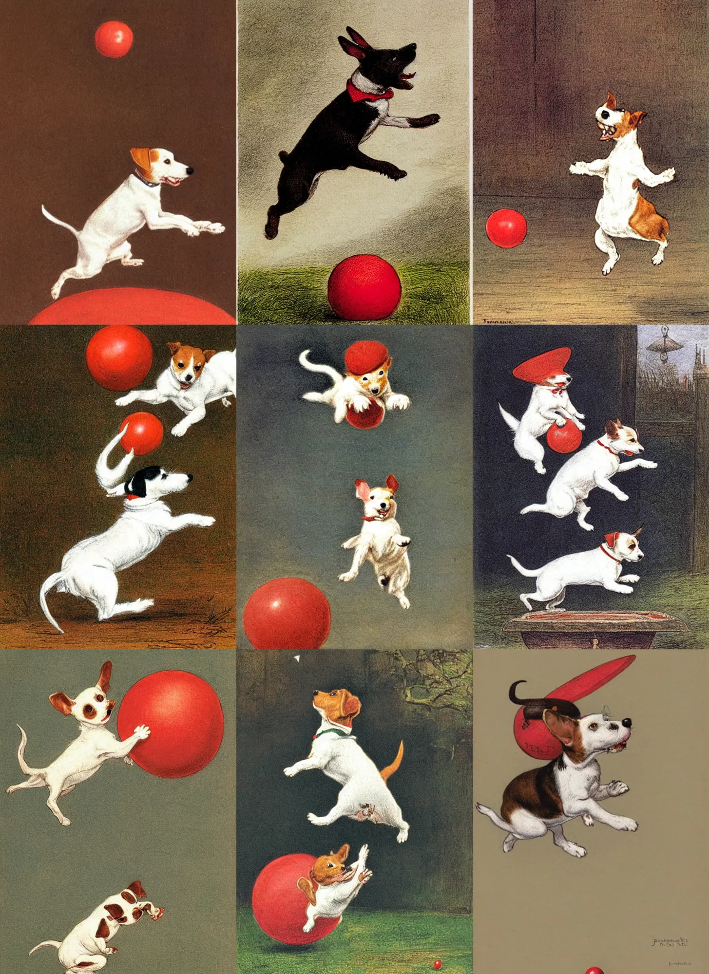 Prompt: jack russel terrier jumping over a red ball, illustrated by peggy fortnum and beatrix potter and sir john tenniel