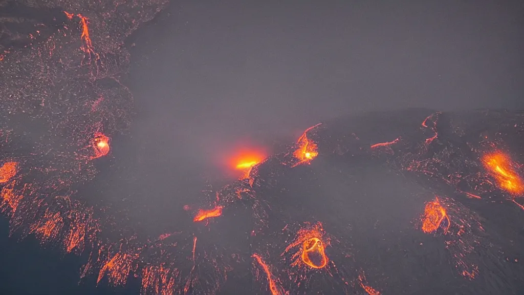 Prompt: A traveler flew her drone at night over an erupting volcano in Iceland and these are the incredible award winning pictures she took