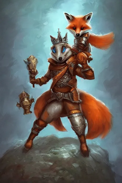 Image similar to cute little anthropomorphic foxy knight wearing a cape and a crown, tiny, small, miniature fox, baby animal, short, pale blue armor, cute and adorable, pretty, beautiful, DnD character art portrait, matte fantasy painting, DeviantArt Artstation, by Jason Felix by Steve Argyle by Tyler Jacobson by Peter Mohrbacher, cinematic lighting