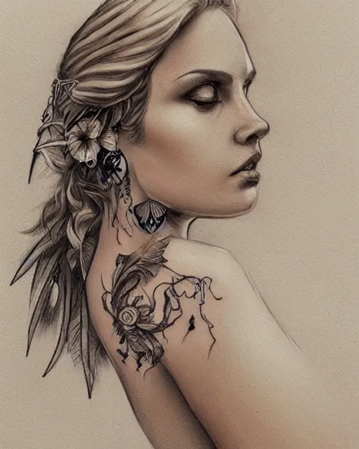 Image similar to tattoo sketch of beautiful greek goddess aphrodite with arrowhead earrings, beautiful feather jewelry, beautiful piercing eyes, flowing blonde hair, realistic face, hyper realistic, in the style of greg rutkowski, fantasy, amazing detail, epic, elegant, smooth, sharp focus, from the front