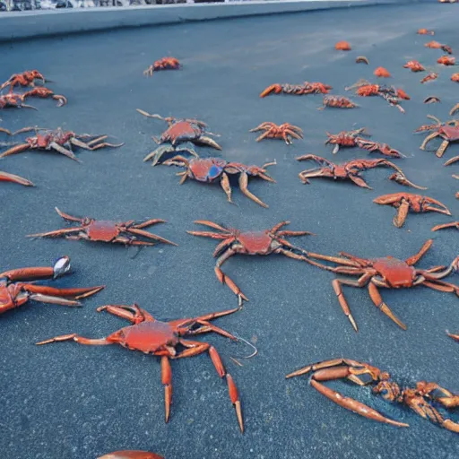 Prompt: crabs lined up in a single file line across a giant perfectly flat concrete plane that goes out as far as the eye can see