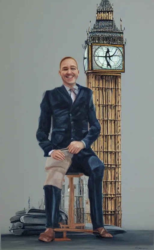 Prompt: detailed photorealistic painting of a man with a miniature big ben between his legs