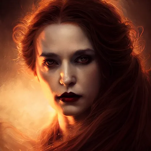 Image similar to majestic gracious regal aristocratic female vampire portrait, atmospheric lighting, painted, curvy, tempestuous, menacing, intricate, volumetric lighting, beautiful, rich deep colours masterpiece, golden hour, sharp focus, ultra detailed, by leesha hannigan, ross tran, thierry doizon, kai carpenter, ignacio fernandez rios