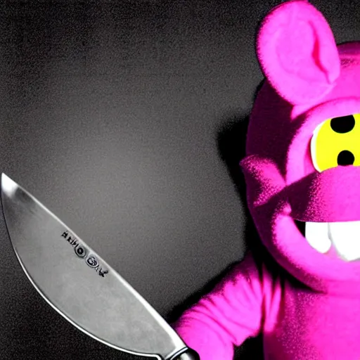 Prompt: a teletubby with a knife, a horror movie poster, a scary look, looks into the soul