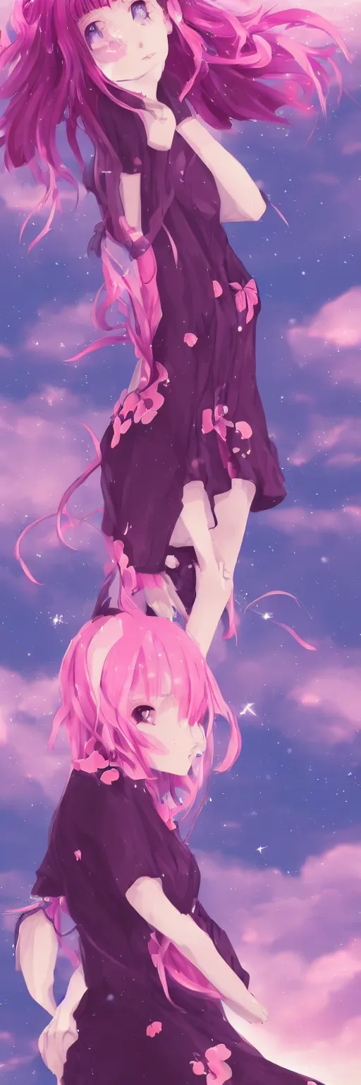 Image similar to A beautiful anime cat girl with pink hair, rule of thirds, digital art, iphone wallpaper, cgsociety, trending on artstation, sunset backgroung with shooting stars in the sky