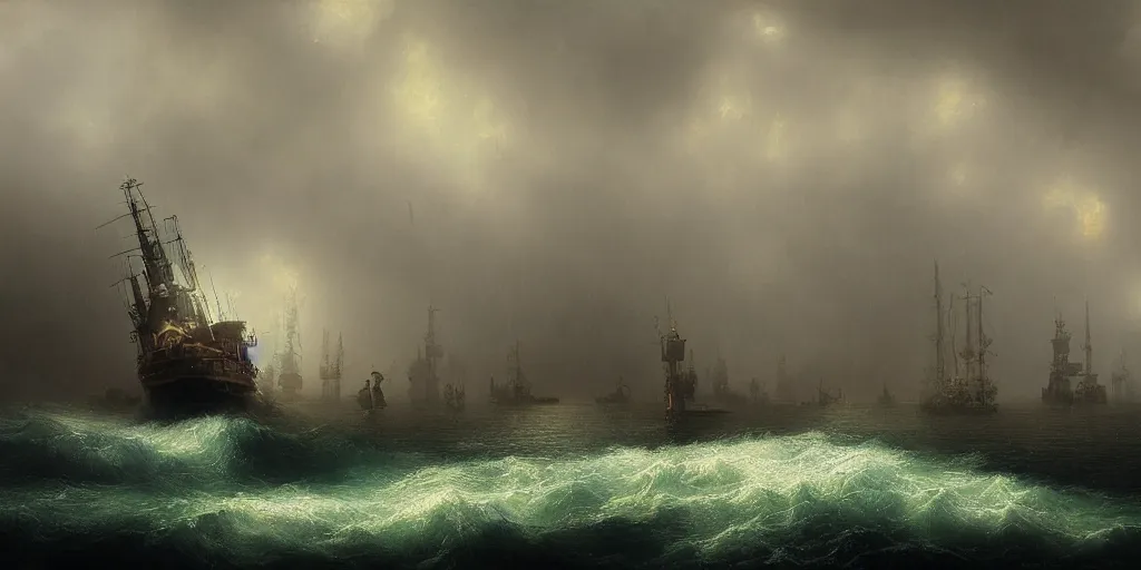 Prompt: A floating steampunk city above an ocean, rainy, turmoil, storm, extremely detailed digital matte painting inspired by Ivan Aivazovsky