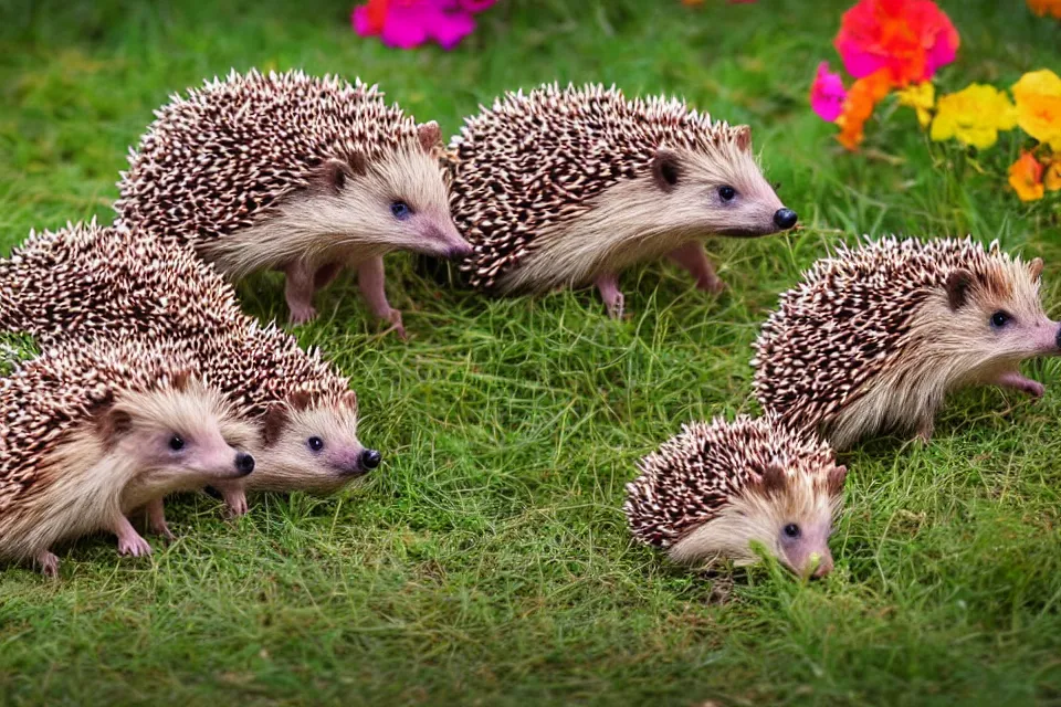 Prompt: a cute family of colourful hedgehogs, nature photography, 4k, HD photography