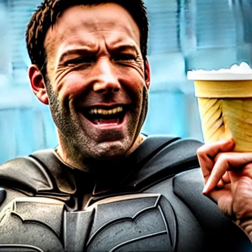 Image similar to A still of Ben Affleck's Batman smiling while eating an ice cream, 4k, ultra realistic, detailed, award winning