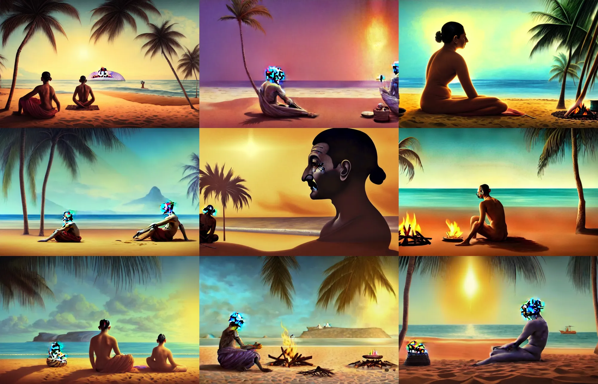 Prompt: side profile centred painted portrait, gandhi at the beach sitting on the sand next to a campfire with palm trees in the back, gloom haven, matte painting concept art, art nouveau, beautifully backlit, swirly vibrant color lines, fantastically gaudy, aesthetic octane render, 8 k hd resolution, hyper realistic, focused, extreme details, masterpiece