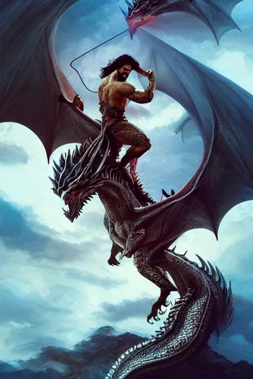 Image similar to beautiful, ethereal khal drogo ( jason momoa ) riding a dragon, intricate art deco dragon designs, elegant, highly detailed burning background, sharp focus, game of thrones art by artgerm and beeple and greg rutkowski and wlop