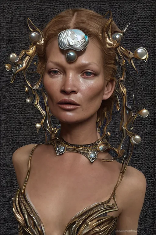 Image similar to a highly detailed metahuman render portrait of an alien goddess kate moss in iris van herpen dress schiaparelli in diamonds and jewelry in style of alphonse mucha trending on artstation made in unreal engine 4