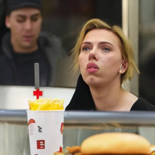 Image similar to fat scarlett johansson crying in mcdonalds eating a burger