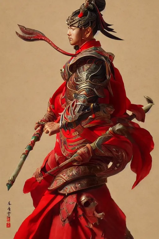 Image similar to a masterpiece portrait of nezha, red cloth around his shoulders, hold spear, cinematic, fantasy character portrait, highly detailed, by ne zha ( 2 0 1 9 ), fenghua zhong,