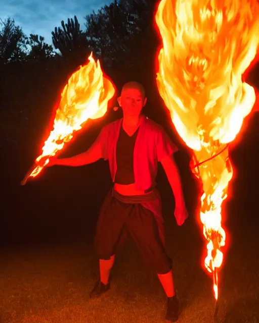 Image similar to photograph, squidward wearing fire nation clothing and practicing firebending outside at susnset