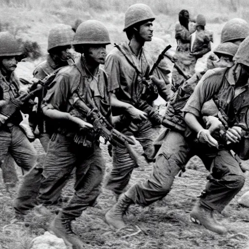 Prompt: dinosaurs in the vietnam war fighting alongside us soldiers in the vietnam war, black and white, eddie adams, david burnett, robert capa, al chang, niel davis, marc riboud