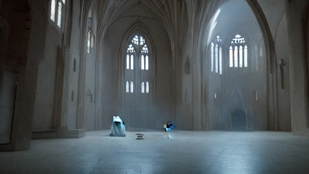 Prompt: an iridescent ghost standing still inside a church, film still from the movie directed by Denis Villeneuve with art direction by Zdzisław Beksiński, wide lens