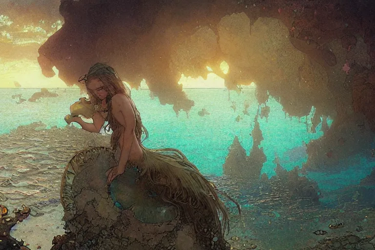 Image similar to a beautify mermaid looking at the sunken city of Atlantic under water, Greg Rutkowski, Mucha, Moebius, Mohrbacher