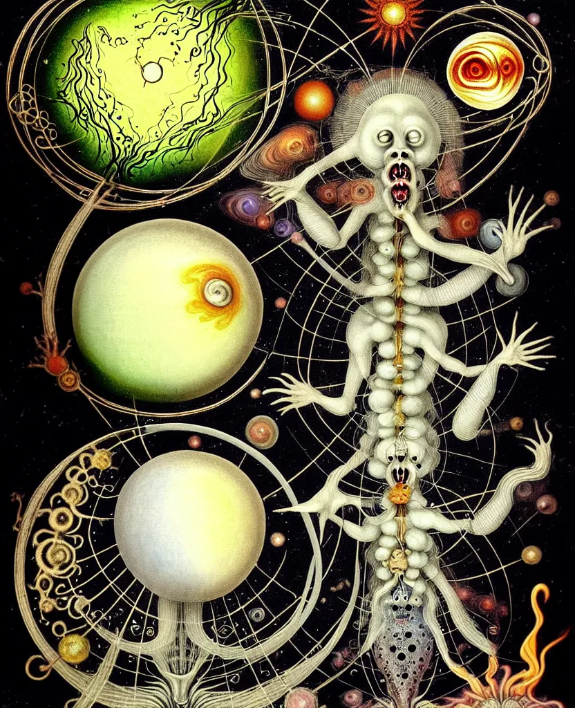 Image similar to whimsical freaky creature sings a unique canto about'as above so below'being ignited by the spirit of haeckel and robert fludd, breakthrough is iminent, glory be to the magic within, in honor to jupiter, painted by ronny khalil