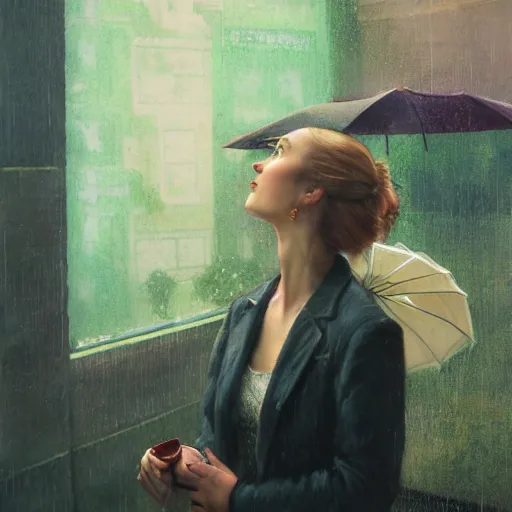 Image similar to detailed portrait of a woman, moment, cyberpunk cloisters, electronic billboards, tech noir, wet reflections, atmospheric, ambient, wlop, livia prima, greg rutkowski, george tooker, gil elvgren, norman rockwell, alexis flower, hopper, mucha, whistler, norman rockwell, peter max,