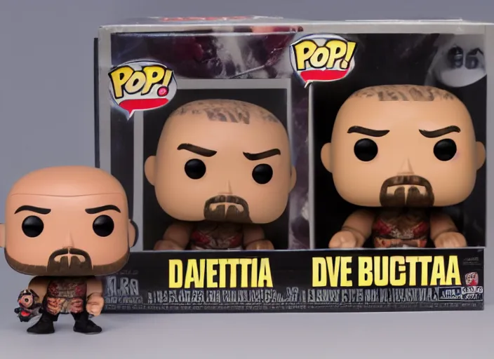 Image similar to product still of Dave Bautista funko pop with box, 85mm f1.8