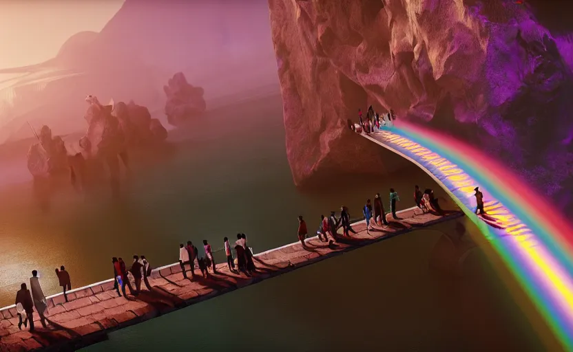 Image similar to incredible, refugees crossing a mindblowingly beautiful bridge made of rainbow, energy pulsing, hardlight, matte painting, artstation, solarpunk, cgsociety, dramatic lighting, concept art, octane render, arnold 3 d render