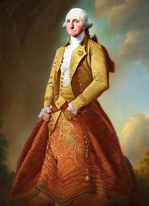 Prompt: portrait of george washington in costume as kim kardashian wearing a fancy dress at a gala. digital art by eugene de blaas, ross tran, and nasreddine dinet, vibrant color scheme, intricately detailed, in the style of romanticism. artstation, greg rutkowski