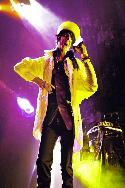 Image similar to perry farrell singing live on stag with jane's addiction, wearing a yellow fedora hat, white flared trousers and long tailcoat with large collars, 7 0's pimp style, huge angel wings behind him, photographic quality, live concert photo, photorealistic, stage lighting, lasers, neon glow, dry ice, dave navarro on guitar