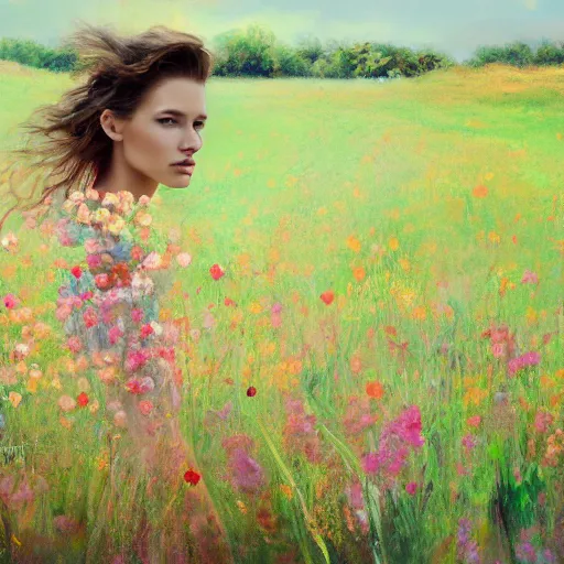 Prompt: a vogue model in a flower field, oil painting, pale colors, high detail, 8 k, wide angle, trending on artstation,