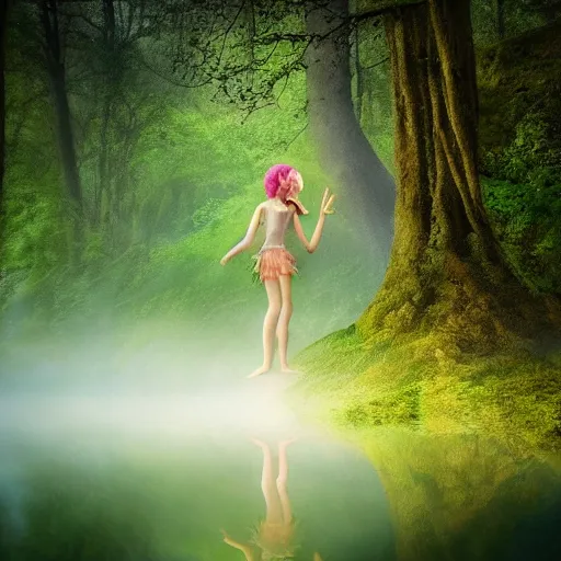 Prompt: forest child and fairy, light, river, magical forest, fog, moss