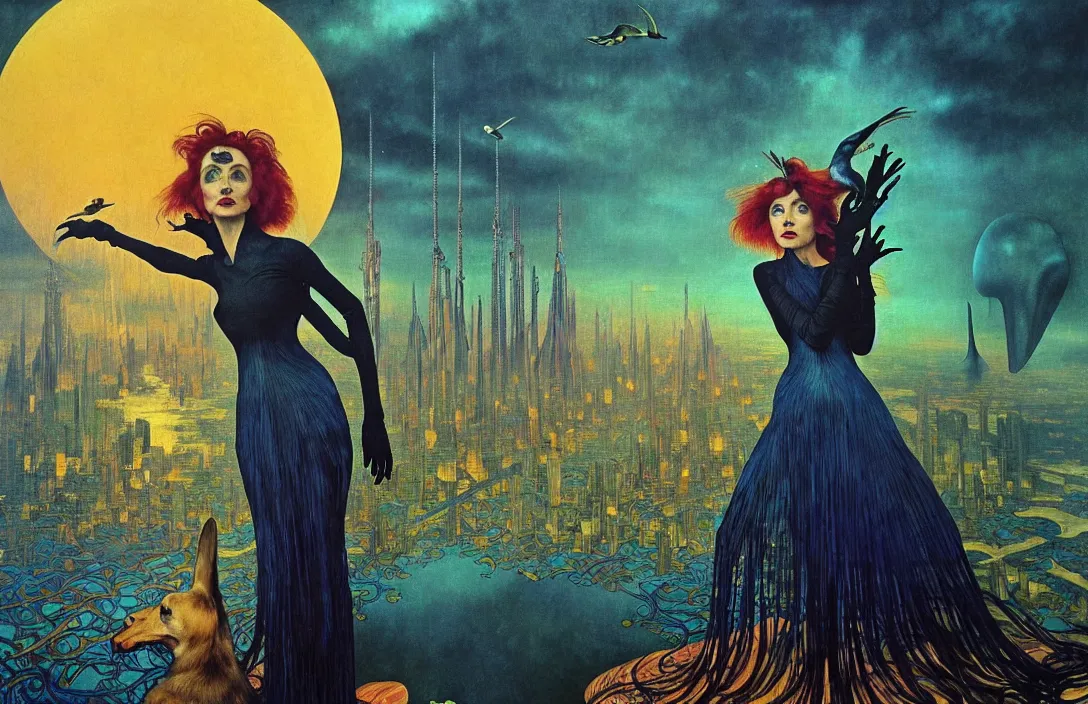 Image similar to realistic detailed portrait movie shot of a birdgirl wearing a dark dress, sci fi city landscape background by denis villeneuve, amano, yves tanguy, alphonse mucha, ernst haeckel, max ernst, roger dean, masterpiece, rich moody colours, dog teeth, blue eyes, sunset