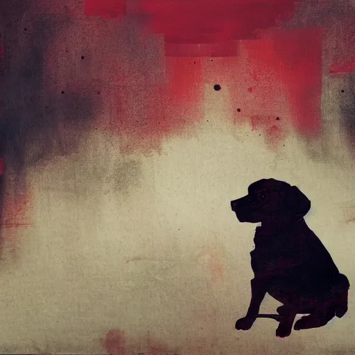 Image similar to A red dog sitting in the middle with red spots. in the art style of William Turner. Dramatic lighting, minimal painting, high resolution. Positive vibes