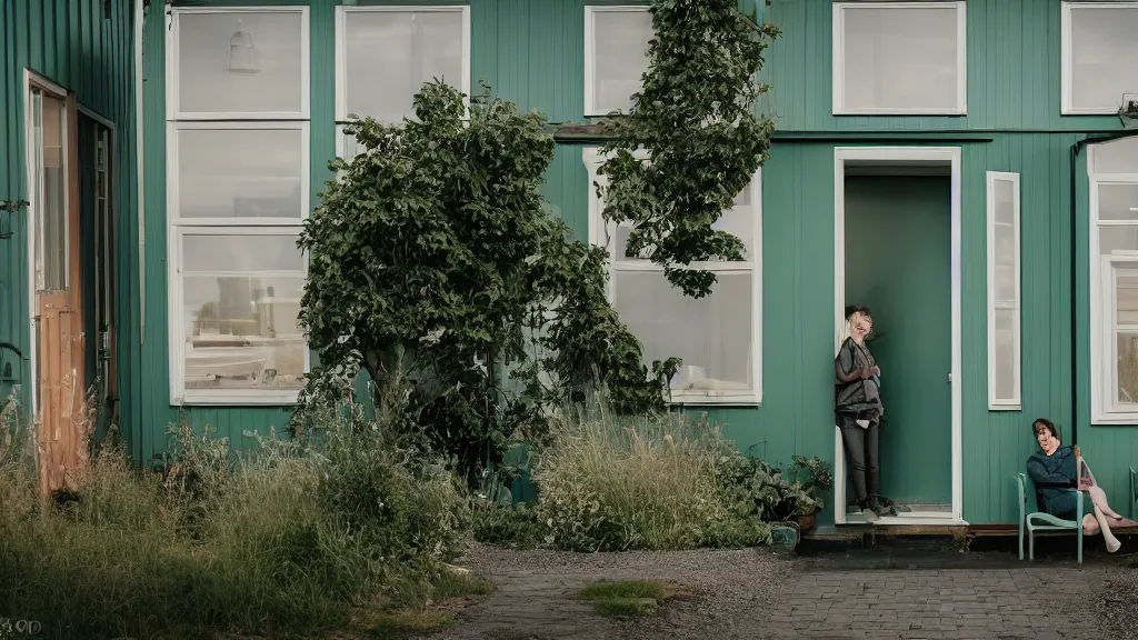 Image similar to a couple, green house, quiet street, reykjavik, sunset lighting, rim light, hyper realistic, 1 0 5 mm, cinematic frame