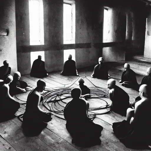 Image similar to 5 monks kneeling in a circle with wires coming out of the back of their heads connecting them to a computer in the center, dark shadowy surroundings, dystopian scifi, horror