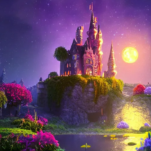 Image similar to a single glittering fairy castle at night, a full moon, water and colourful flowers, extremely detailed oil painting, unreal 5 render, fantasy digital art, octane render, beautiful composition, trending on artstation, award-winning photograph, masterpiece