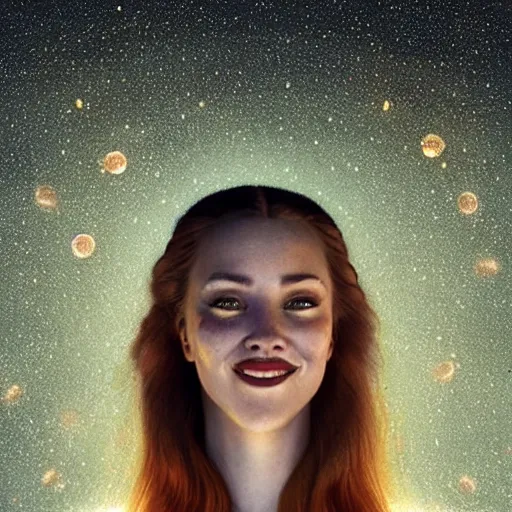 Image similar to a totally amazed smiling anastasia ivanova surrounded by golden firefly lights in a mesmerizing scene, fully covering intricate detailed bohemian outfit, red hair, precise linework, accurate green eyes, small nose with freckles, beautiful smooth oval head, expressive emotions, hyper realistic ultrafine portrait by artemisia gentileschi, jessica rossier, greg rutkowski, artgerm