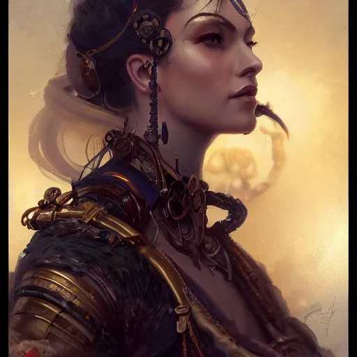 Image similar to a beautiful portrait of a steampunk goddess, a detailed painting by greg rutkowski and raymond swanland, featured on cgsociety, fantasy art, detailed painting, artstation hd, photorealistic