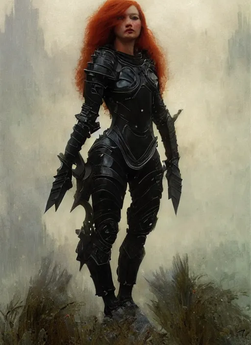 Prompt: short muscular redhead young woman wearing black lowpoly armour, bare legs, detailed, by gaston bussiere, bayard wu, greg rutkowski, giger, maxim verehin, greg rutkowski, masterpiece, sharp focus, cinematic lightning