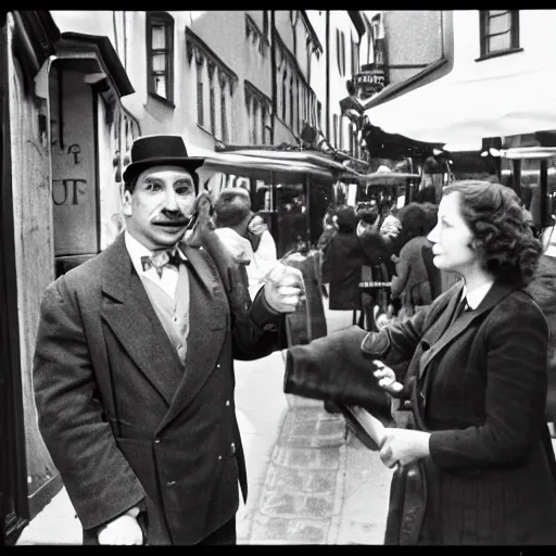 Prompt: soup Nazi telling Elaine no soup for you outside of beer hall in Munich 1930, black and white, 8k,