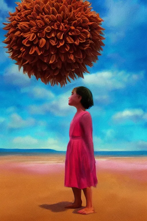 Image similar to closeup giant dahlia flower head, girl standing on beach, surreal photography, blue sky, sunrise, dramatic light, impressionist painting, digital painting, artstation, simon stalenhag