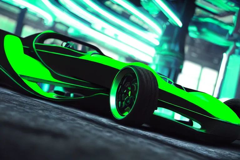 Image similar to ZeratoR futuristic black and green Trackmania racing car ((ZeratoR text))(((ZeratoR))), matte-black, green neon, ray-tracing, octane render, unreal engine, green cyberpunk city background