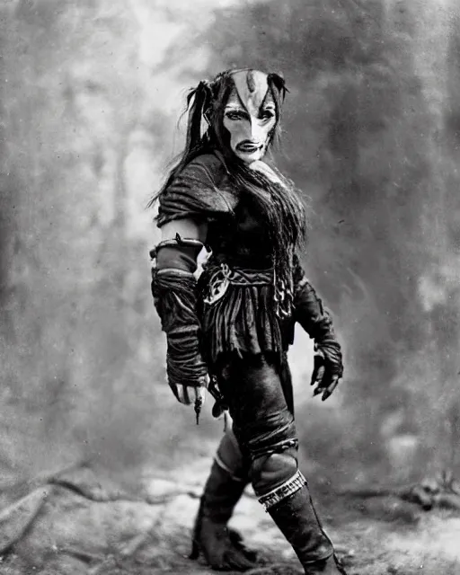 Image similar to female half orc with leather clothing, photo by gertrude kasebier