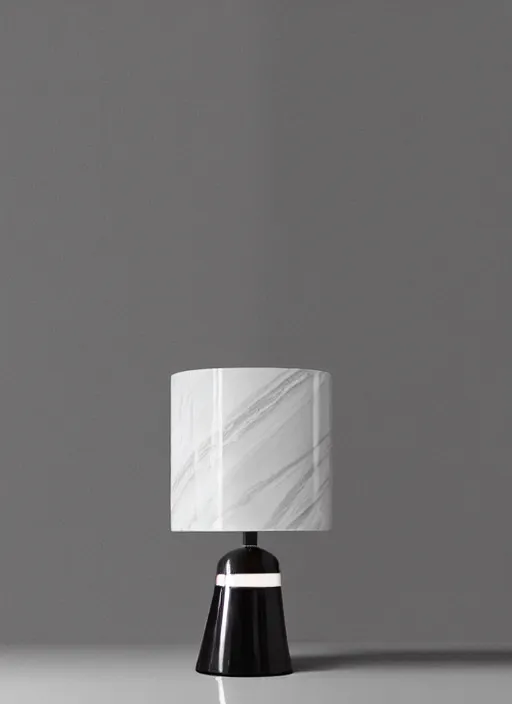 Prompt: A table lamp with a marble base, and a fabric lampshade designed by Petros Afshar