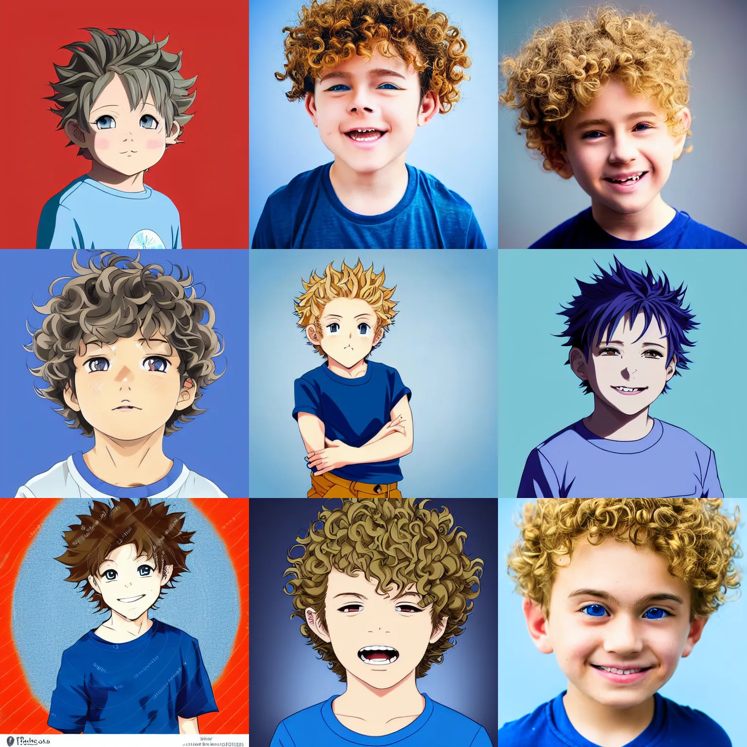 Prompt: A medium shot anime portrait of a young smiling anime little boy with extremely short curly wavy blonde hair and blue eyes, buzzed sides, blue-eyed, chubby face, very young, little boy, medium shot portrait, curly and short top hair, curls on top, his whole head fits in the frame, solid color background, flat anime style shading, head shot, 2d digital anime drawing by Stanley Artgerm Lau, WLOP, Rossdraws, James Jean, Andrei Riabovitchev, Marc Simonetti, and Sakimi chan, trending on artstation