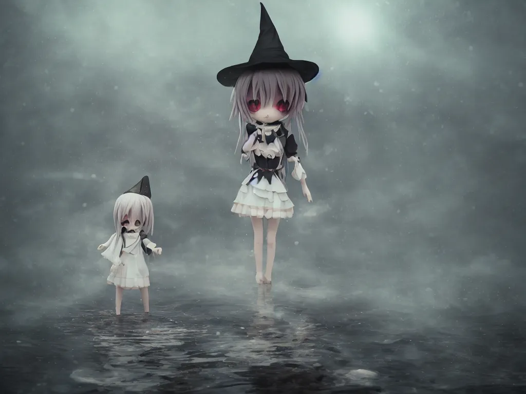 Prompt: cute fumo plush girl witch standing in reflective murky river water, gothic horror maiden in tattered cloth, volumetric fog and smoke, light shafts shining through the dusky light, moonglow, lens flare, chibi anime, vray