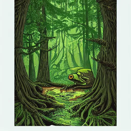 Image similar to A frog inside a forest by Dan Mumford